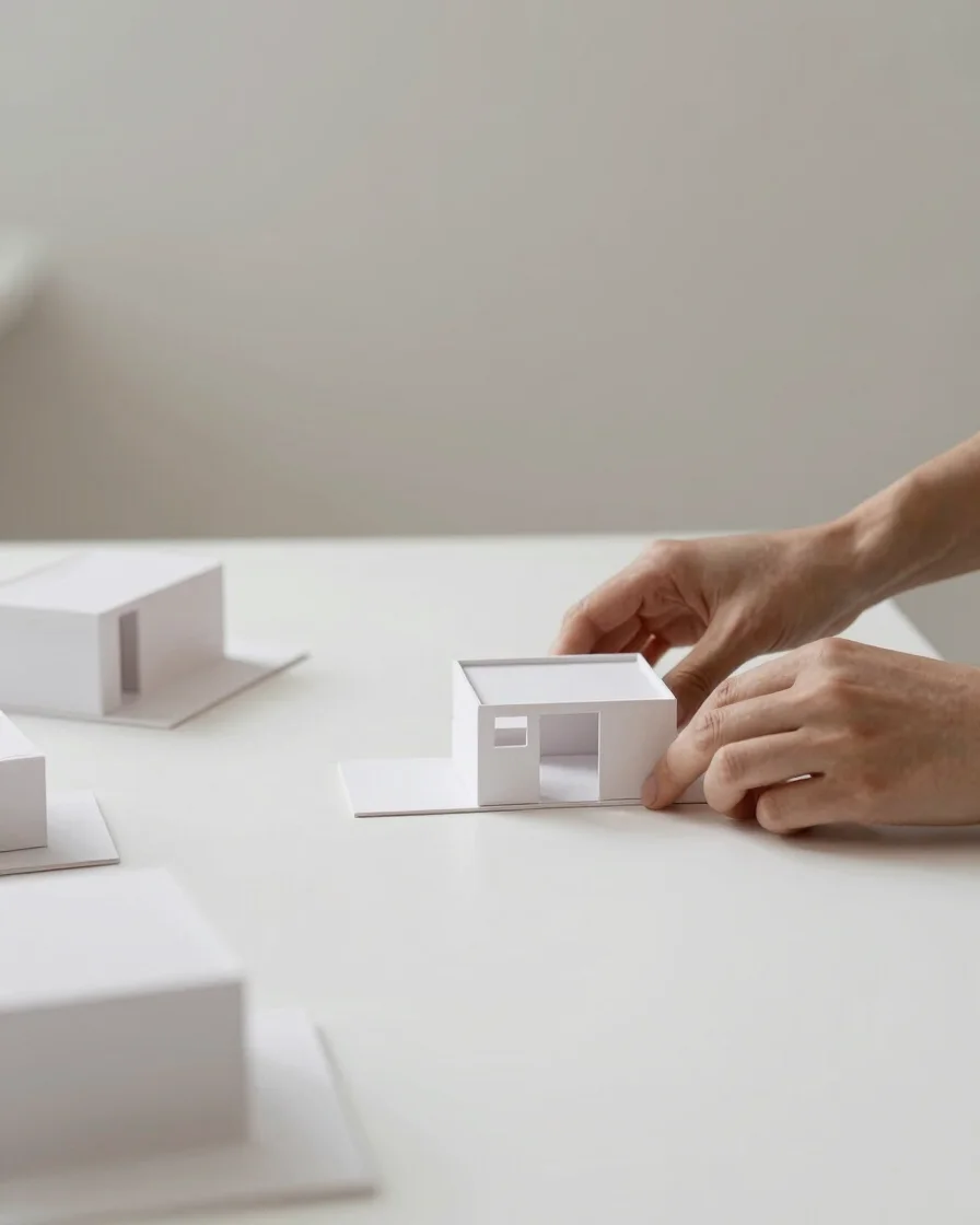 Minimalist editorial photograph of a designer's hands arranging architectural models on a clean white desk, soft natural